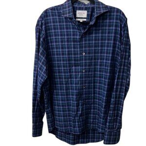 Ledbury Classic Fit Blue and White Checkered Men's Button Down Shirt, Size L